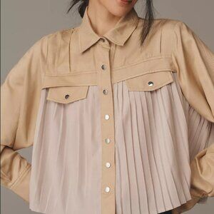 Anthropologie Tan and White Pleated Cropped Blouse